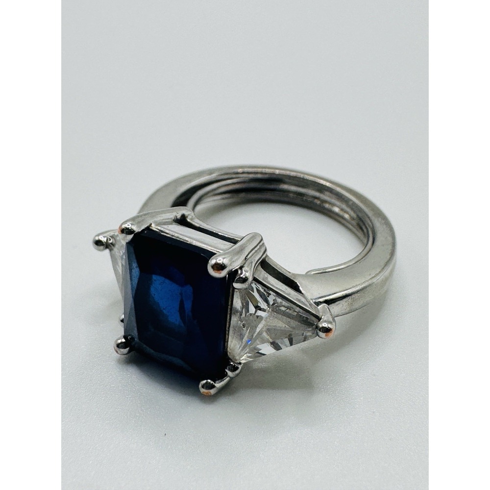 Blue Emerald Cut CZ Cocktail Ring Silver Tone Size 5.5 Statement Ring